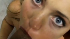 Adorable young blonde with striking blue eyes sucks and fucks a big cock POV style