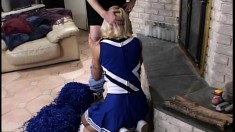Slender blonde cheerleader goes down on an older guy's prick