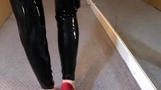 Sexy Latex Liquid Leggings with Red Stilettos Fetish