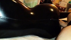 Sex with my girl in black latex catsuit